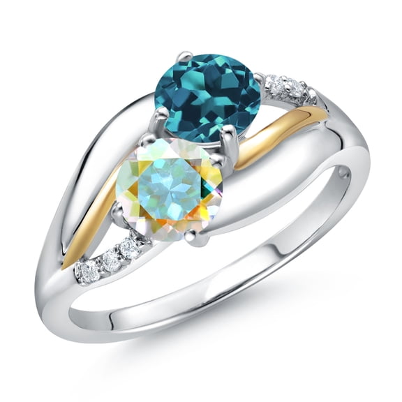 Gem Stone King 925 Sterling Silver and 10K Yellow Gold Mercury Mist Mystic Topaz London Blue Topaz and Lab Grown Diamond 2 Stone Engagement Ring for Women (1.29 Cttw, Round 5MM, , Size 8)