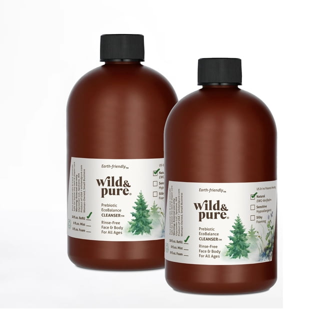 Limpiador EcoBalance a base de plantas natural por EWG Wild & Pure - Recambio de 18 onzas (paquete de 2) | pH equilibrado y respetuoso con el microbioma | Gel de baño sin enjuague