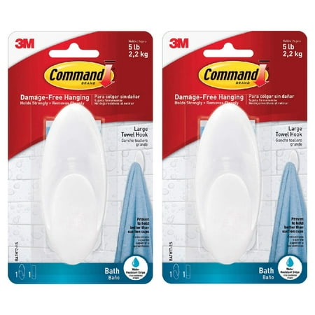 Command Bath Large Towel Hook - Adhesive Damage Free, Frosted - 2 Pack, Large, White