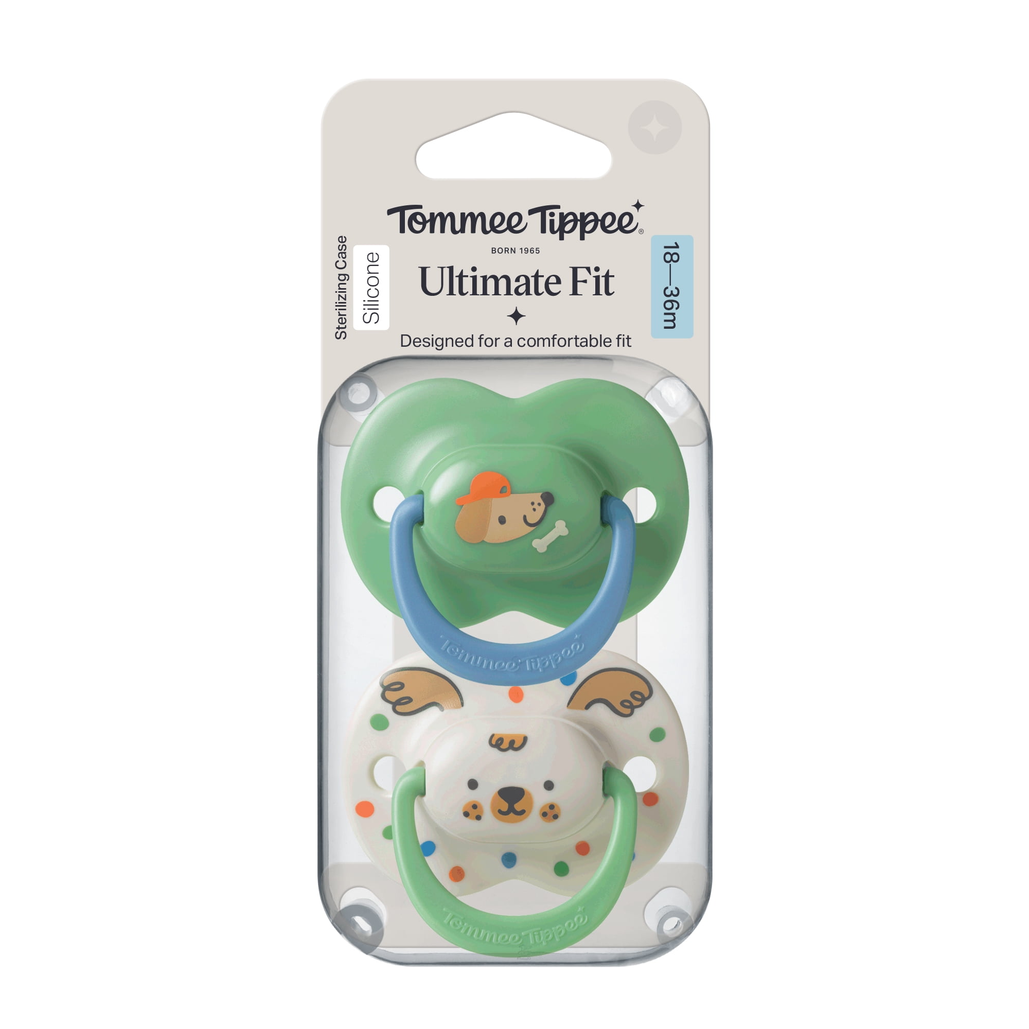 Tommee Tippee Ultimate Fit Pacifier, 18-36 Months, 2 Pack, Reusable sterilizer case included, Symmetrical nipple, Air holes, Polka Pet and Treat Time