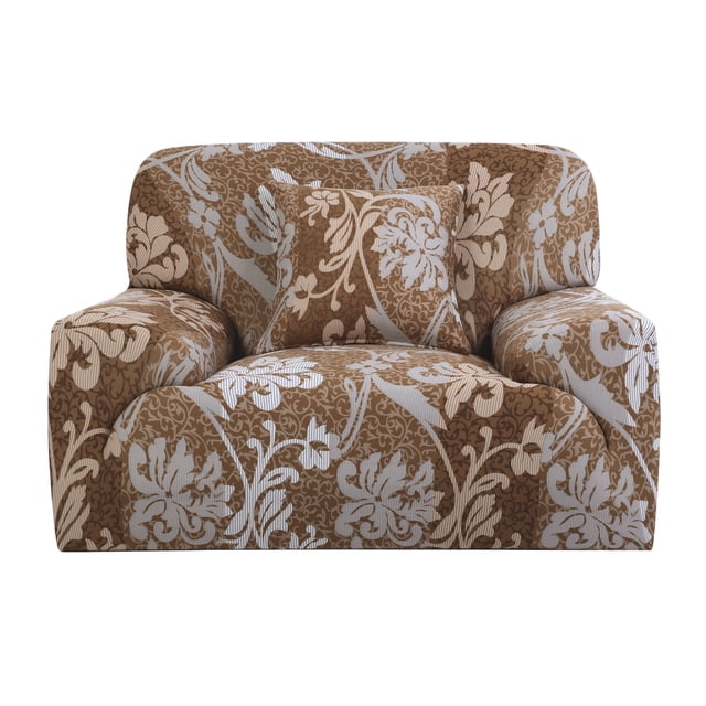 Slipcover Sofa Couch Chair Covers 1 Seat Protectors 35-55 Inches (Pattern 1) displayed on a single-seater sofa. The cover features a brown and white floral pattern with a matching cushion cover. Made from polyester and spandex fabric, it is stretchy and designed to fit various sofa types. Includes foam strips for secure placement and is machine washable for easy care.