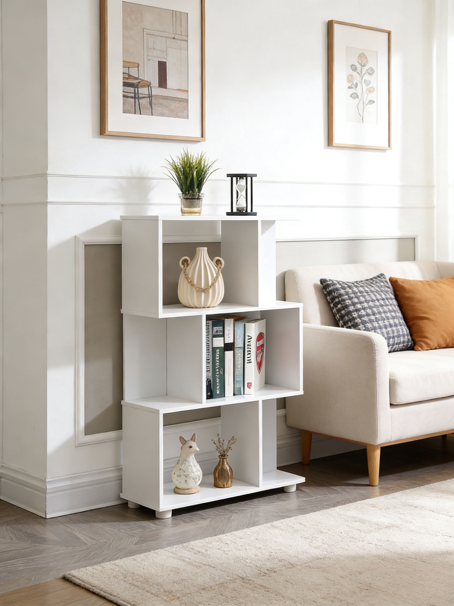 MAYEERTY 3-Tier Staggered Bookshelf, Freestanding Display Storage Shelf Unit for Living Room Bedroom Home Office Small Spaces