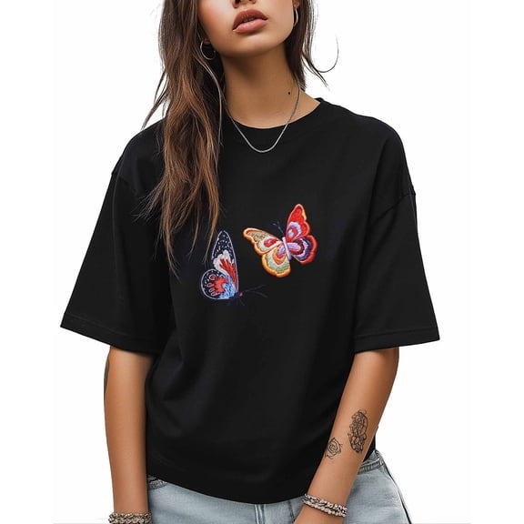 T Shirts for Women Short Sleeve Cotton Crewneck T-Shirt, Colorful Butterfly Embroidery Tee Tops Casual Basic T-Shirts, XS-5XL Black L