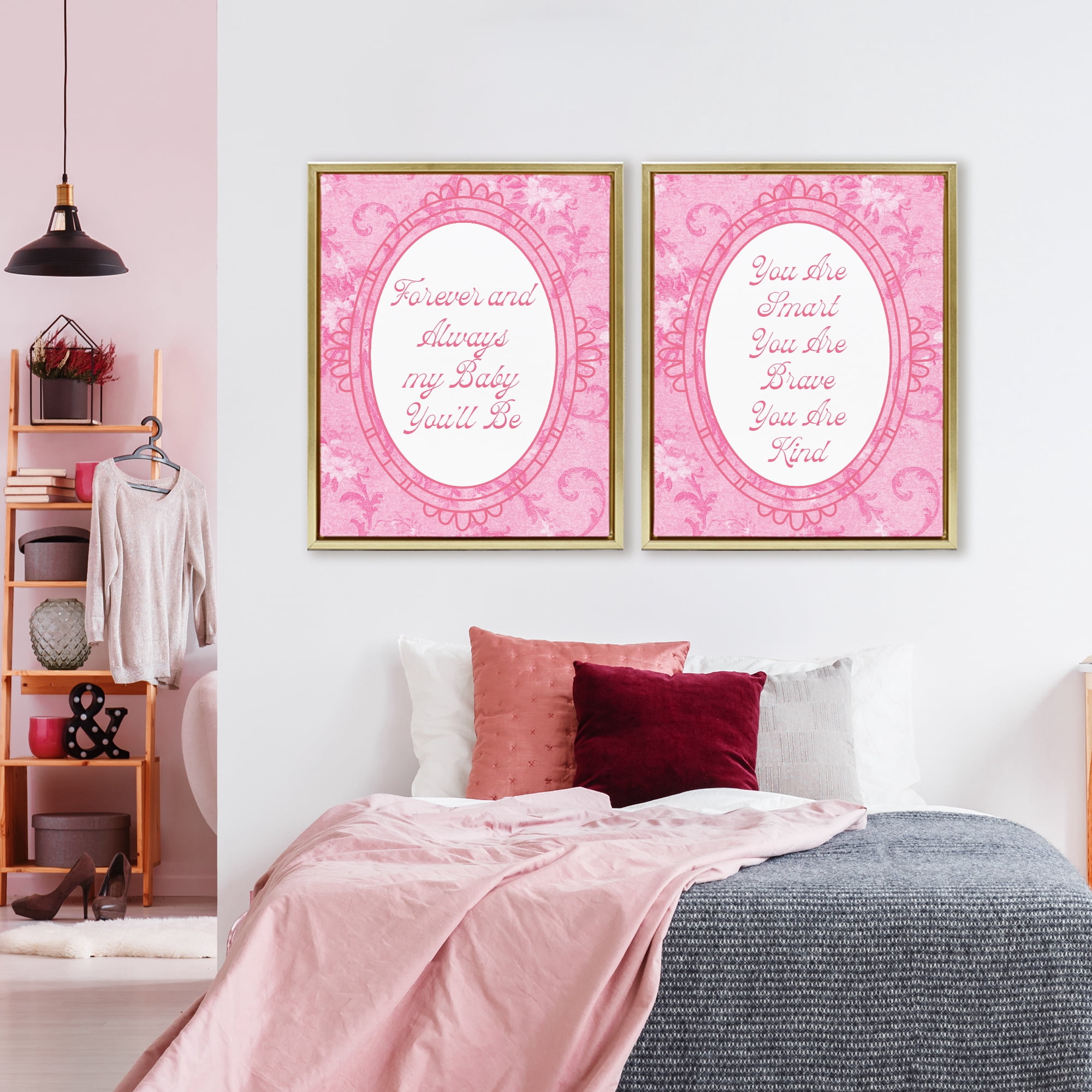 Stupell Industries Loving Pink Ornate Phrases 2 Piece Gold Framed Floater Canvas Set, design by Lil' Rue