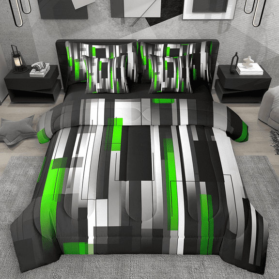 Manfei Black Green Gray Twin Bedding Sets 7pcs, Modern Gradient Stripe Bedding Comforter Set, Contemporary Geometric Sheet Sets, Lightweight Room Decor
