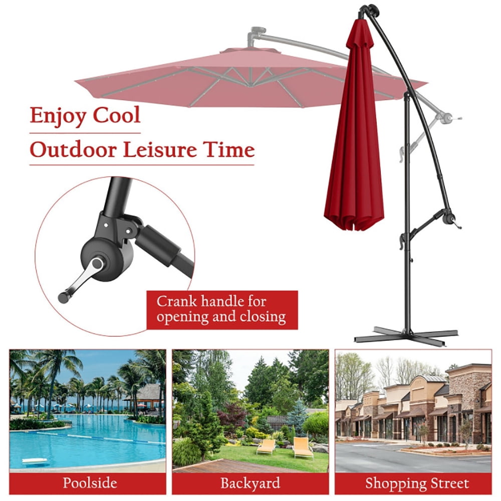 Aimee Lii 10 Feet Patio Hanging Solar LED Umbrella Sun Shade with Cross Base, Table Umbrella Outdoor Patio, Dark Red