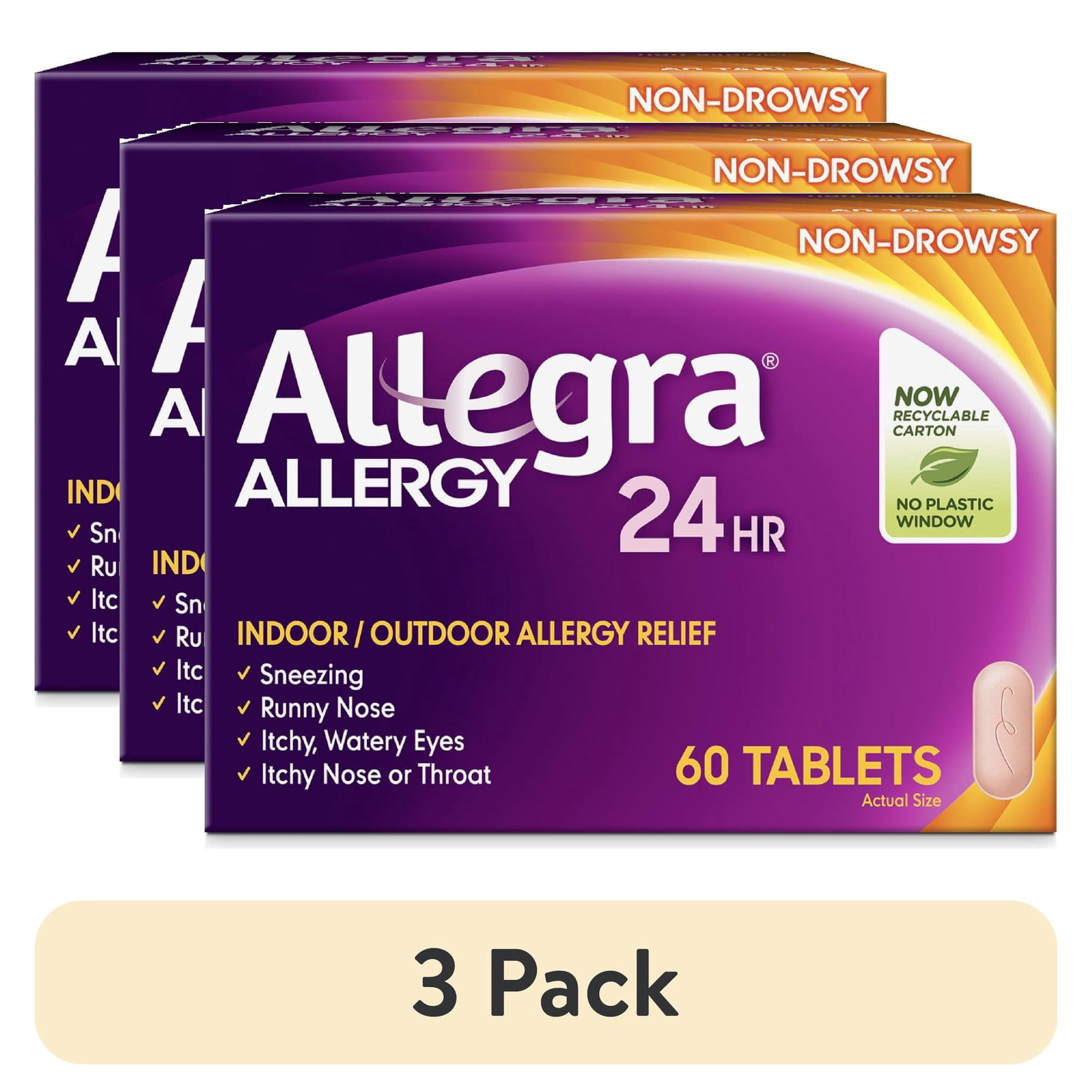 (3 pack) Allegra Adult 24-Hour Allergy Relief Tablets, Non-Drowsy Indoor and Outdoor Allergy Medicine, 180 mg Fexofenadine HCI Antihistamine Pill, 60-Count