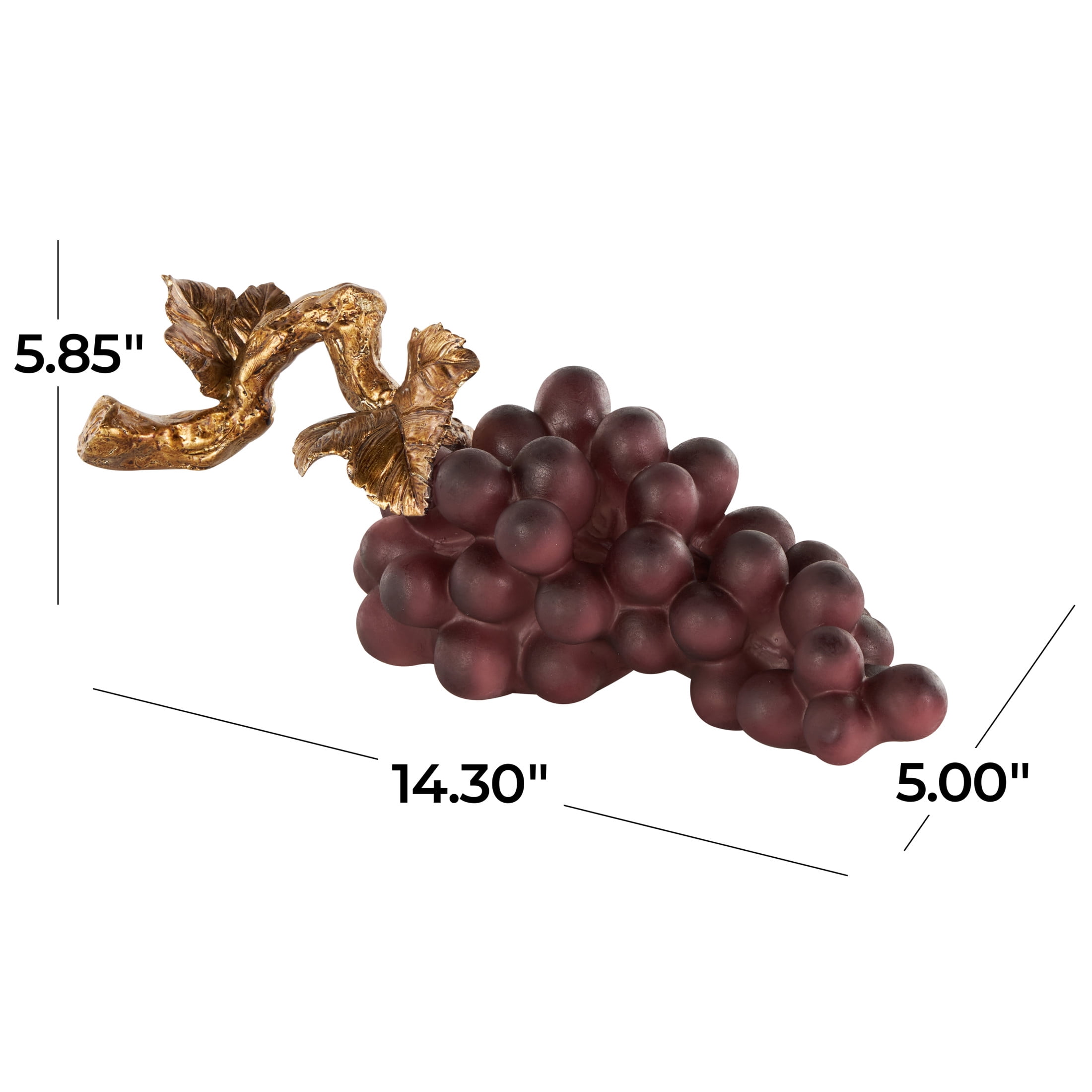 14" x 6" Purple Polystone Grape Fruit Sculpture with Gold Stem, by DecMode