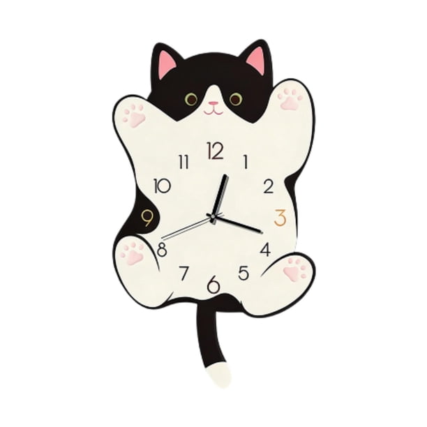 Reloj de pared grande con diseño de gato, de MDF, decorativo y silencioso, con cola oscilante. Negro