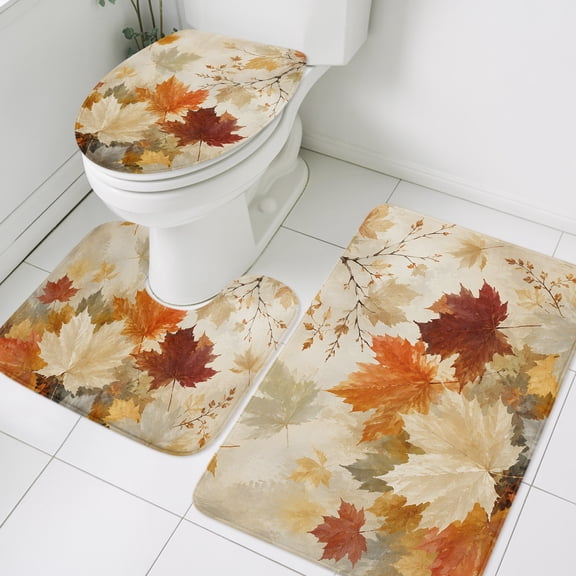 Fall Foliage Bathroom Rugs Set Rustic Farmhouse Orange Gold Maple Leaf Slender Twig Non Slip Absorbent Soft Bath Mats 3 Piece Set with Bathroom Rug, U-Shaped Floor Mat, Toilet Seat Cover Small Size