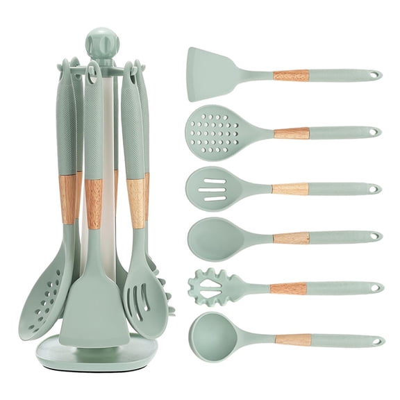 7PCS Silicone Cooking Utensil Set with Rotating Holder, Heat-Resistant Kitchen Essentials, Non-Stick Safe Kitchen Gadgets for Cookware, Green