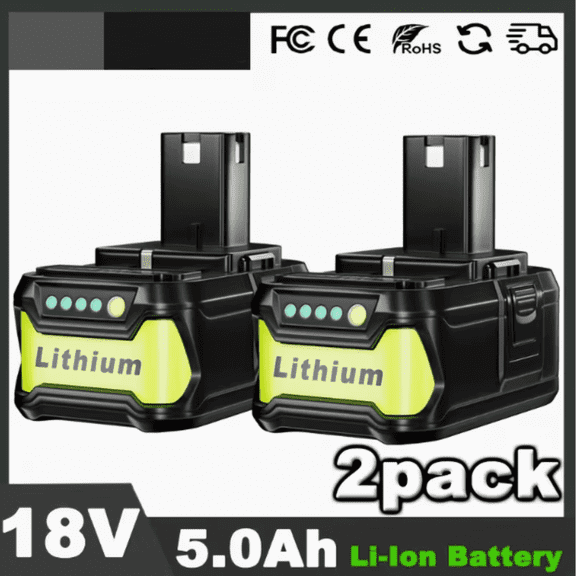 2-Pack 18V 5.0Ah Lithium lon Rapid Rechargeable Replacement Ryobi Battery, Compatible with 18V One  Power Tools P100 P102 P103 P104 P105 P107 P108 P109