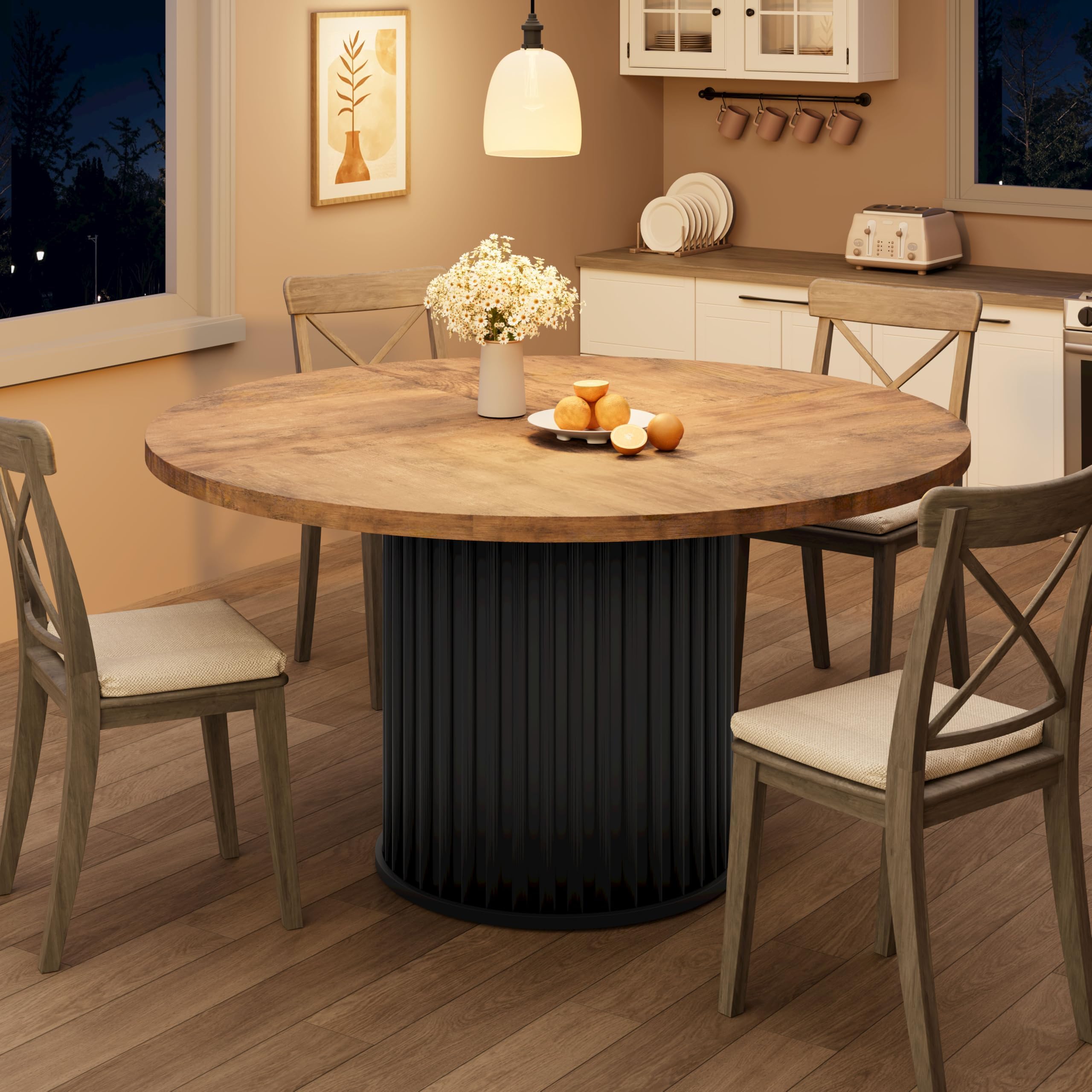 Round Dining Table for 4-6 People, 47‘’ Modern Kitchen Table with Fluted Metal Pedestal Base, Circle Dinner Furniture