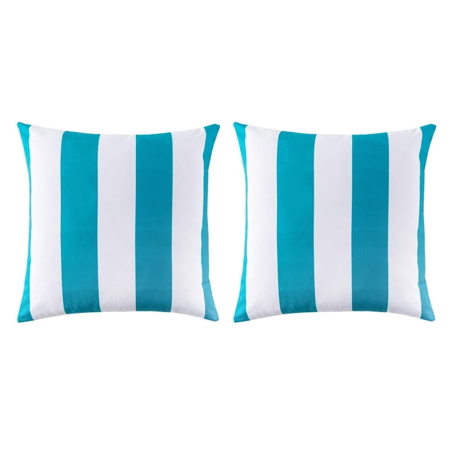 Pair of 18-inch outdoor square cushions featuring aqua and white vertical stripes for patio or garden seating.