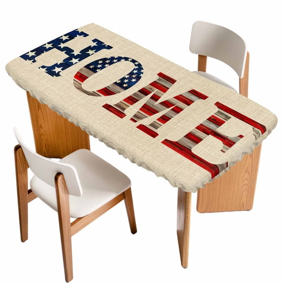 Khaki Vintage Table Cloths for 6 Foot Rectangle Tables, American Flag Retro Art Rustic Patio Waterproof Elastic Fitted Tablecloths, Washable Rectangular Table Cover for Camping