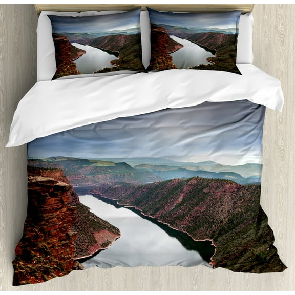 Alabama Duvet Cover Set Queen Size, Scenery of a River between Mountains with Boulders and Prairie in Sierra Nevada, Decorative 3 Piece Bedding Set with 2 Pillow Shams, Multicolor, by Ambesonne