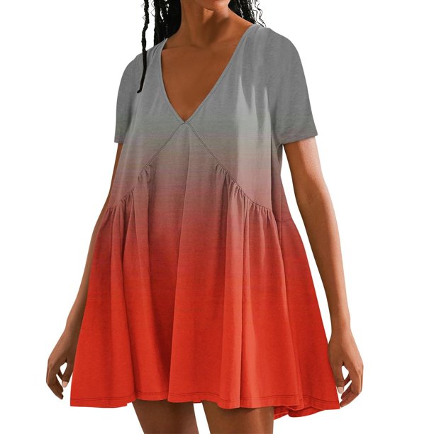 Puntoco Vestido De Manga Corta Con Cuello En V, Vestido De Verano De Manga Corta De Color Sólido Para Mujer Naranja Xl