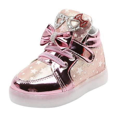 ZHAGHMIN Kids  Cartoon Glitter Led Light Up Shoes Unisex Pu Leather Breathable Glow In the Dark Sneakers for Girls Trendy Baby Girl Dress Shoe Pink Size24