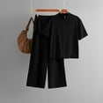 thumbnail image 2 of Women's Two Piece Sweater Lounge Sets Cable Knit with Mock Neck Short Sleeve Zip Up Top Wide Leg Pants Black Free Size, 2 of 3