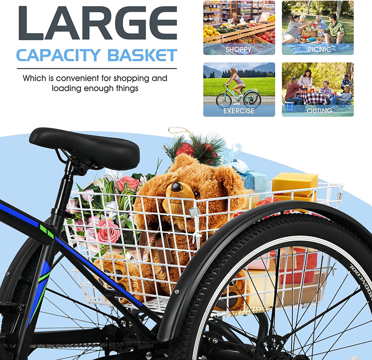 Lilypelle Adult Mountain Tricycle 24/26/27.5 Inch Low step through Mountain Bike Cruiser Trikes for Adults 7 Speed Three Wheel Trike Bike Bicycle with Large Basket