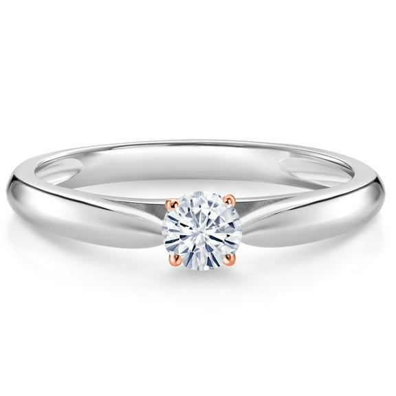 Gem Stone King 10K White and Rose Gold White Moissanite Solitaire Engagement Ring for Women (0.16 Cttw, Gemstone, Round 3.5MM, Size 5)