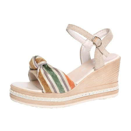

Ladies Shoes Breathable Stripe Bow Suede Wedge Buckle Strap Beach Sandals