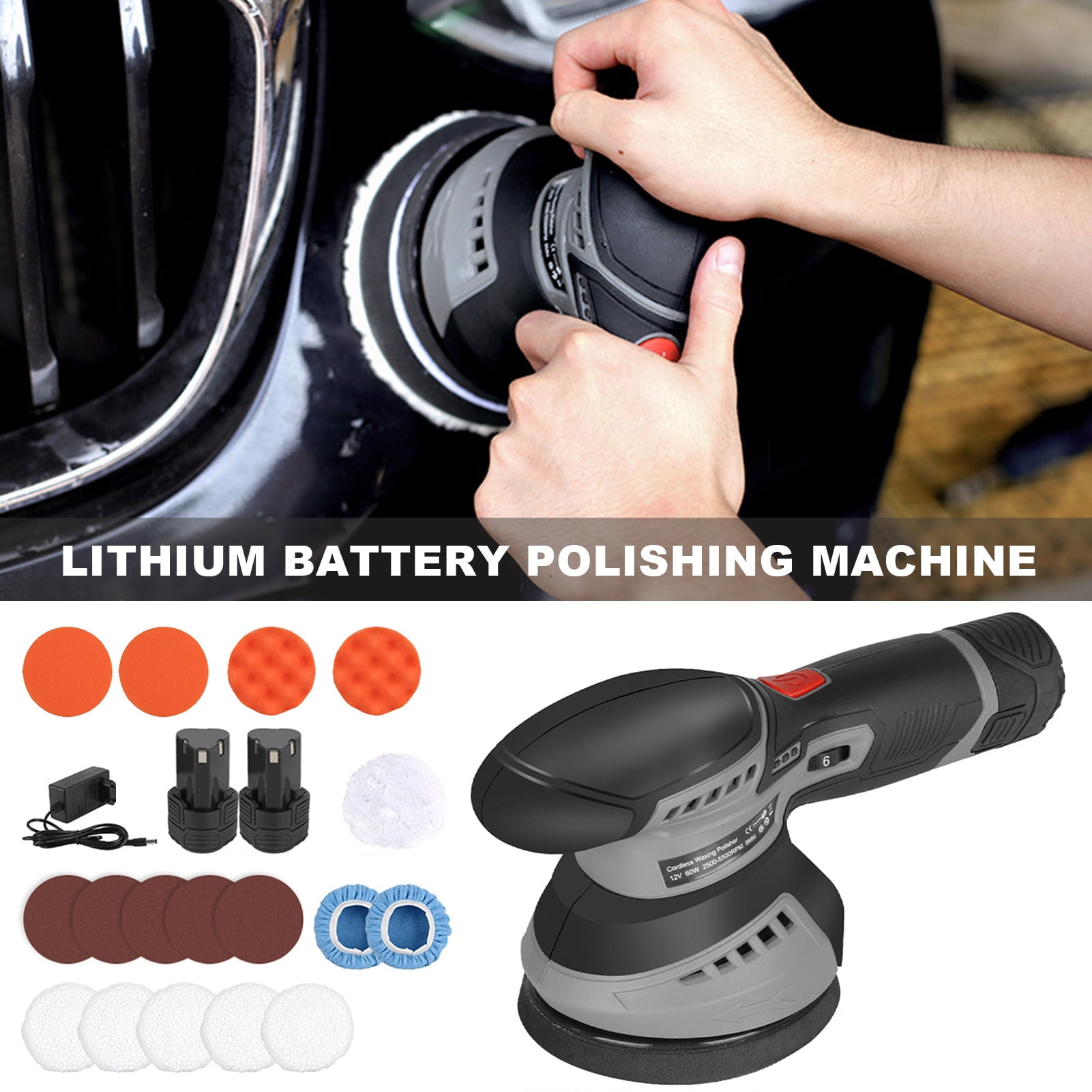 Happydeer Buffer Polisher, 12V 2.0Ah Batteries Cordless Car Polisher, Mini polisher with 6 Variable Speed for Car Detailing Polishing Waxing, 5250Rpm Cordless Car Buffer Polisher Kit
