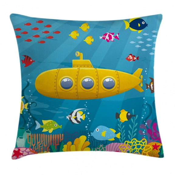 Yellow Submarine Throw Pillow Cushion Cover, Coral Reef with Colorful Fish Ocean Life Marine Creatures Tropic Kid, Decorative Square Accent Pillow Case, 20 X 20 Inches, Blue Yellow Pink, by Ambesonne