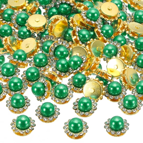 Uxcell 12 mm Pearl Sew on Rhinestones Metal Flatback Base Gems Crystals Green 100 Pcs