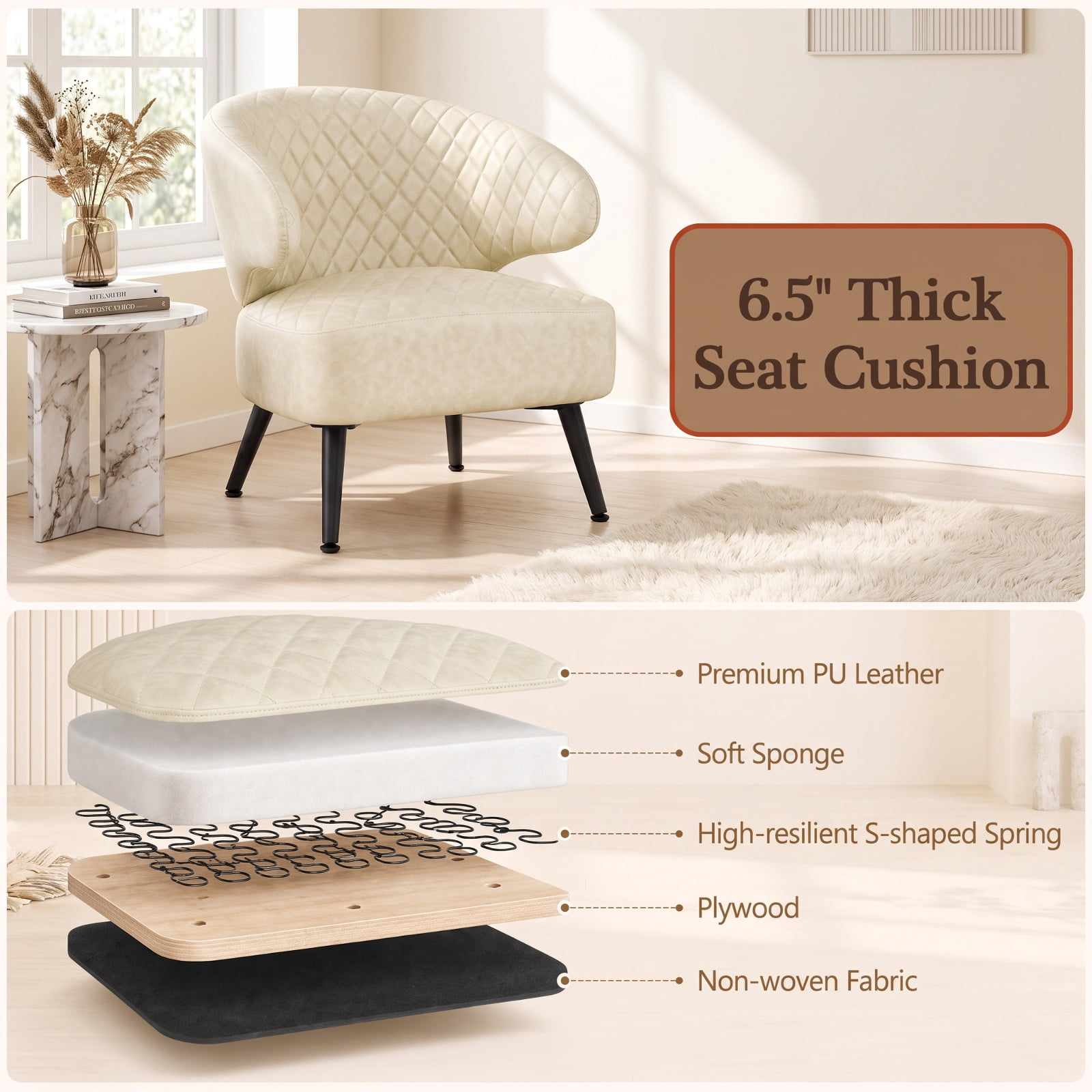 Furnibear Mid Century Modern Accent Chair Diamond Stitched PU Leather Upholstered Armchair with Curved Back for Living Room and Bedroom, White
