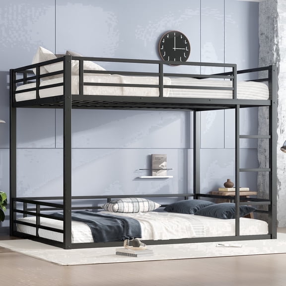 Morufur Queen over Queen Floor Bunk Bed with Full-Length Guardrail and Ladder, Noise-Reduced Design, Black