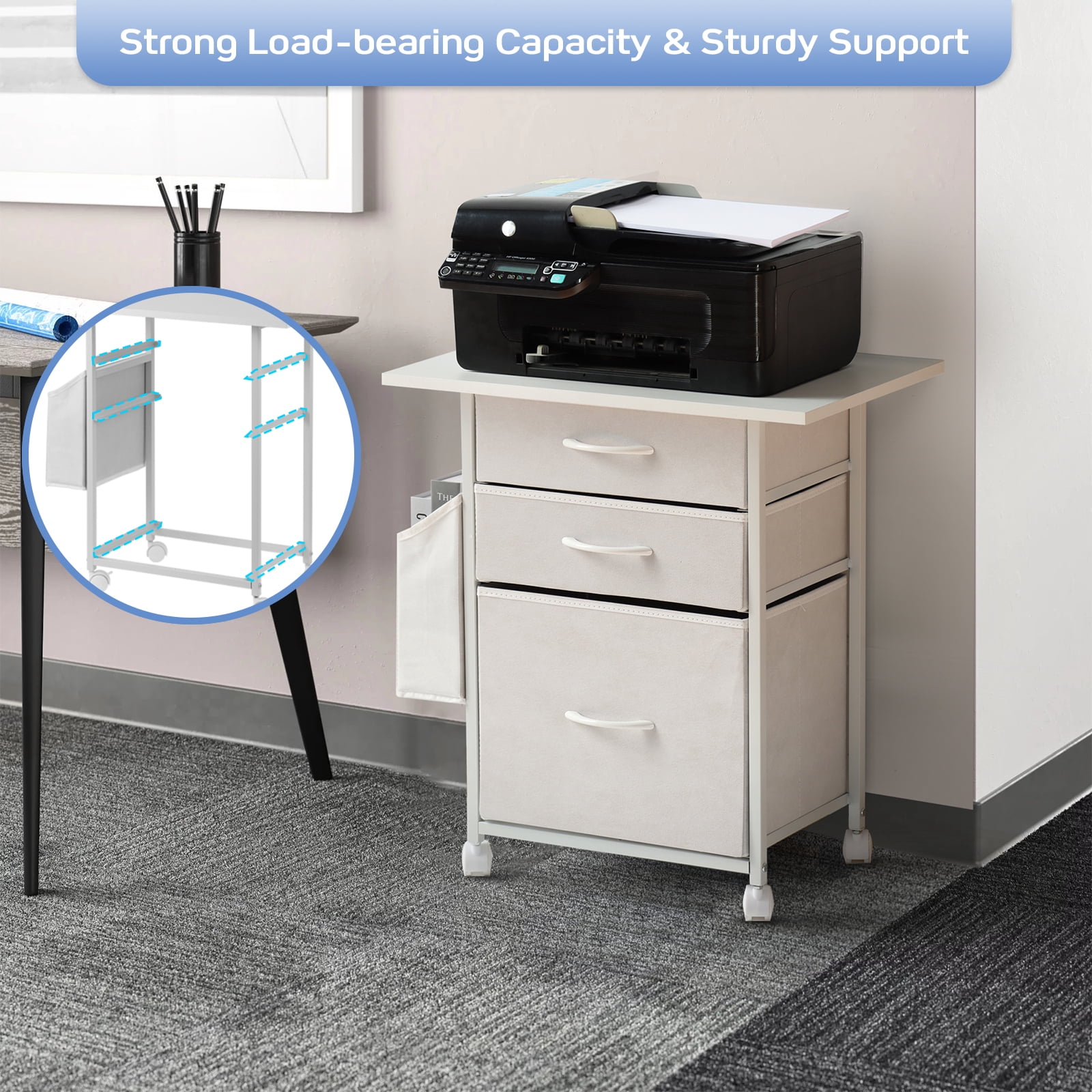 KATHY&BOB Printer Stand with 3 Fabric Drawers, Mobile File Cabinet, Desk Table Cabinet Fits A4 Letter Size, Home Office Furniture, White