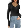 thumbnail image 3 of Zeagoo Womens Puff Long Sleeve Tops V Neck Pullover Sweaters Soft Slim Fit Solid Color Rib Knit Tops, 3 of 8