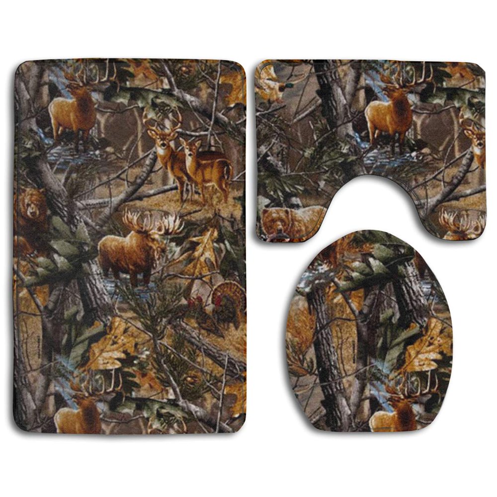 GOHAO Camo Hunting Deer Bear Moose Turkey Duck 3 Piece Bathroom Rugs