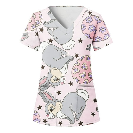 

Leylayray Scrub Tops for Women Valentine Short Sleeve Bunny Print Nursing Working Uniform V-Neck Stretch Tunic Blouse with Pockets Multi-color S M L XL XXL XXXL XXXXL XXXXXL