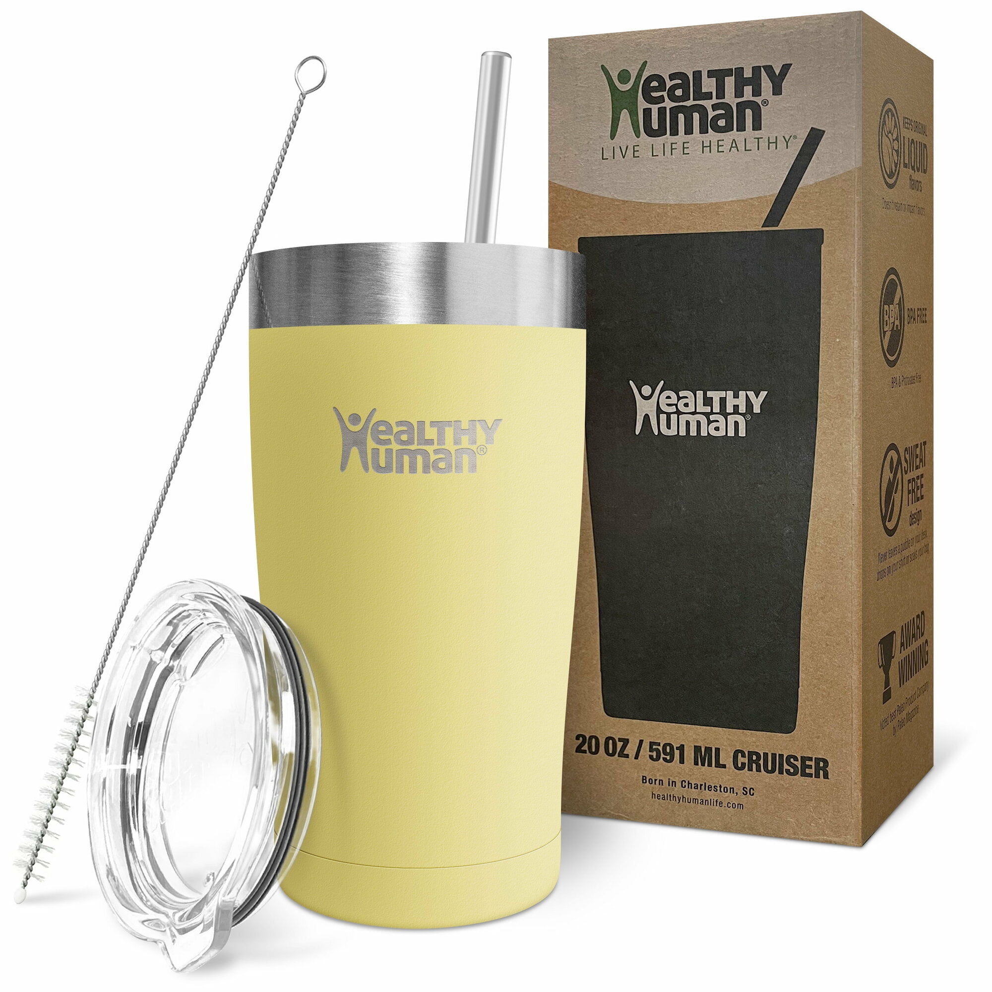 Healthy Human Stainless Steel Tumbler with Straw & Lid | Splash Proof Insulated Travel Cup | Eco-Friendly Coffee Tumblers | Water Cups with Straws Cleaner and Splash Proof Lids (20oz, Limoncello)