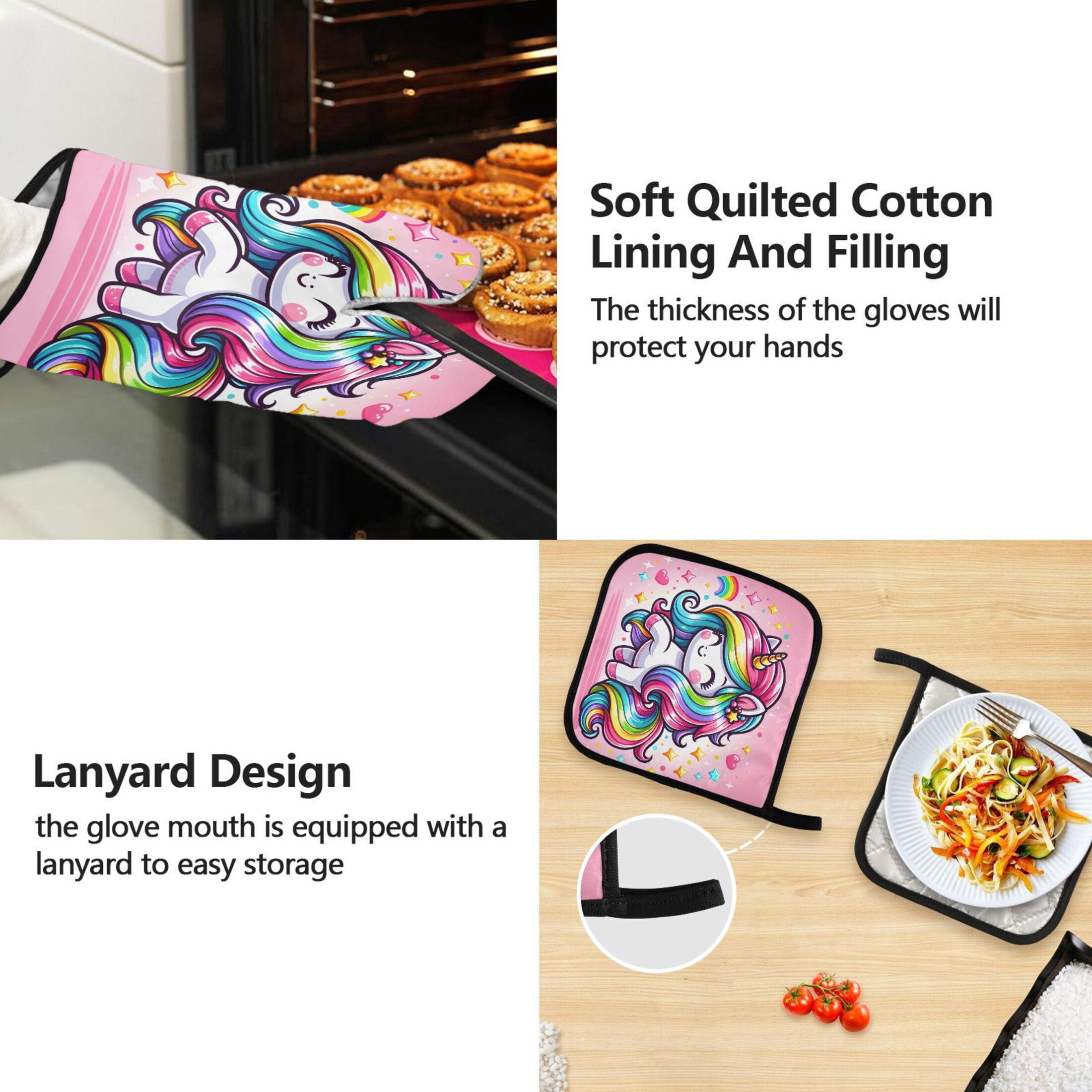 Cute Cartoon Rainbow Unicorn 5 Pcs Kitchen Set Heat Resistant Oven Mitts and Non-Slip Pot Holders with Adjustable Cooking Apron