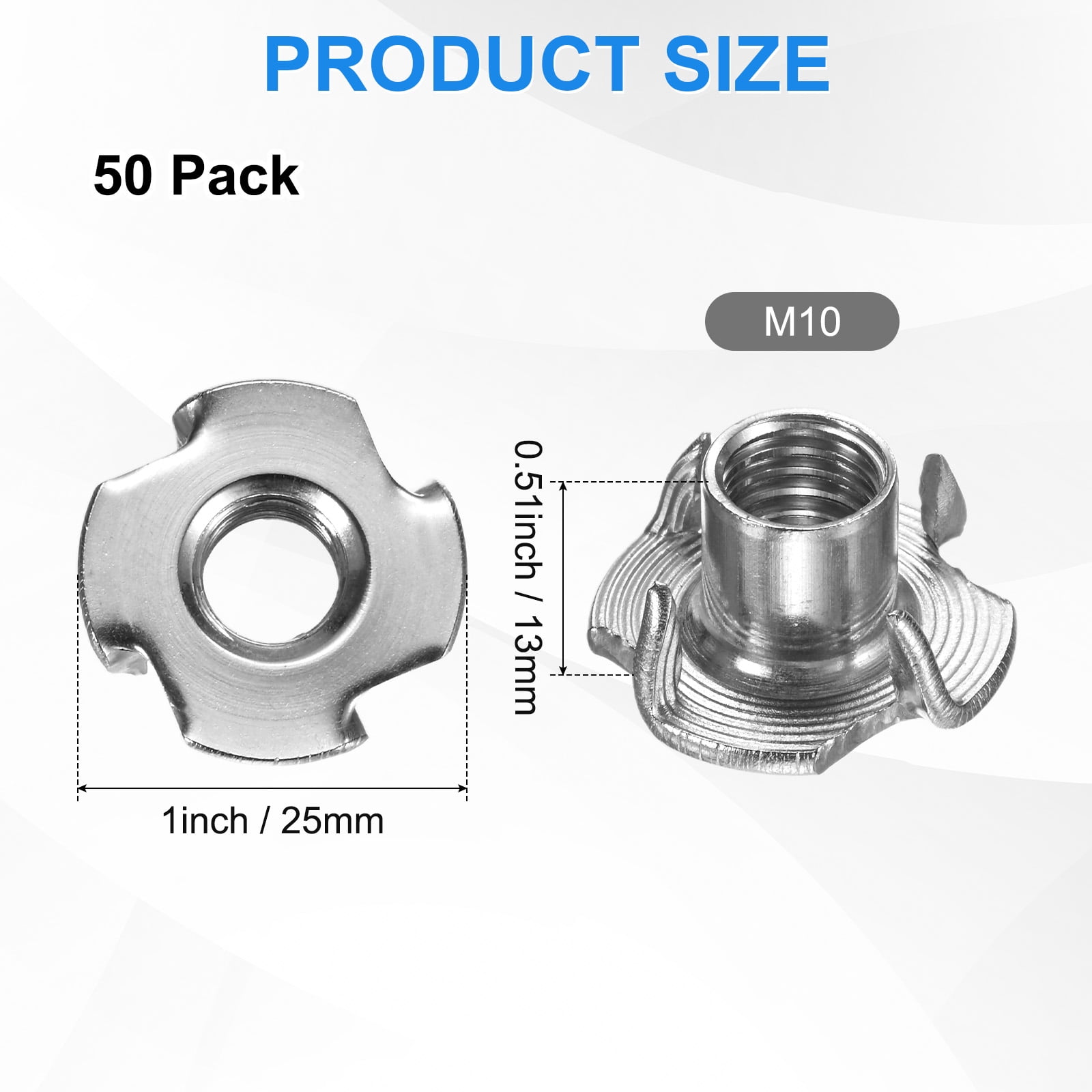 Uxcell 50-Pack M10x13mm T-nut, Stainless Steel 4-Pronged Tee Nut Threaded Insert Corrosion Resistant Fasteners