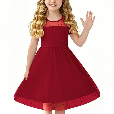 Efsteb Girls Dresses Contrast Mesh Patchwork Short Sleeve A Line Dress Casual Comfy Party Dress (Wine 15 Years)