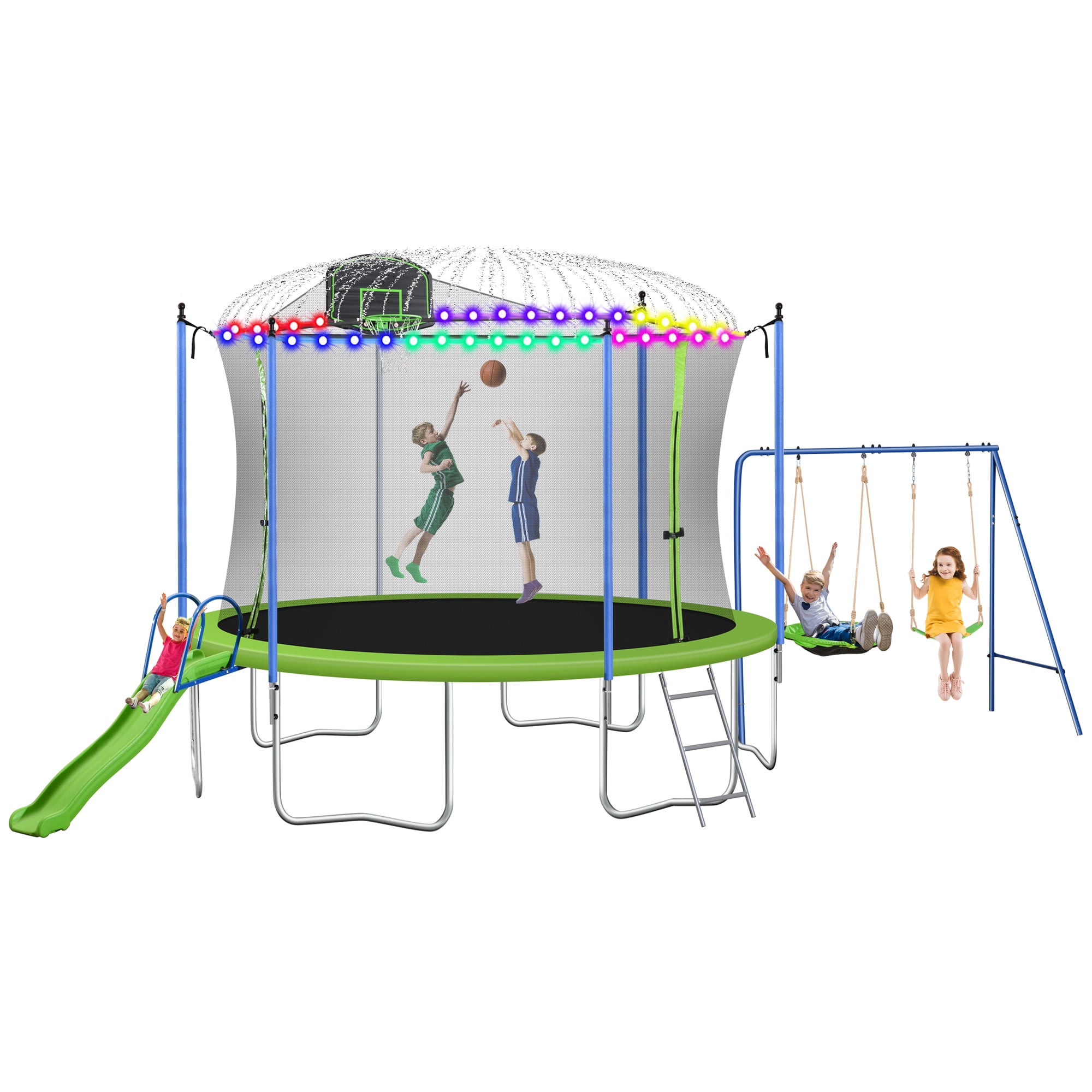 Jump Into Fun Trampoline 12FT for Kids/Adults, Trampoline with Enclosure, Swing, Slide, Basketball Hoop, LED Light, Sprinkler, Outdoor Recreational for Backyard Capacity 5-8 Kids