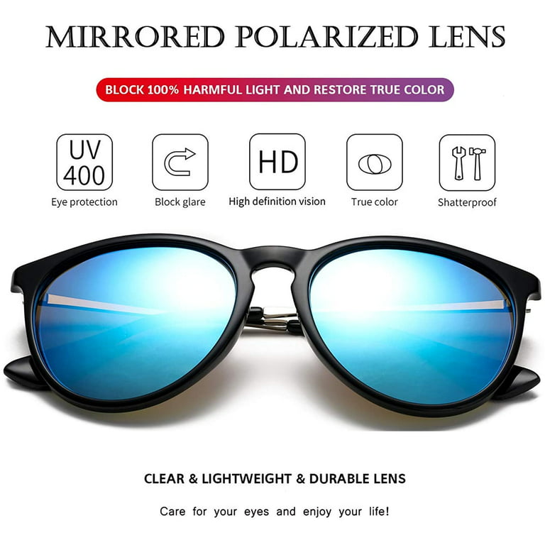 Sunglasses for Women Men Polarized UV Protection Lens Round Fashion  Mirrored Black Sunglasses