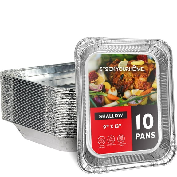 (10 Pack) Disposable Aluminum Pans 9x13 Shallow, Heavy Duty 1.75" Deep Foil Pans, Baking Tins, 13x9 Baking Pan for Cooking and Serving Cookies, Brownies, Sheet Cake, Cookie Sheets, Holiday Meal Prep