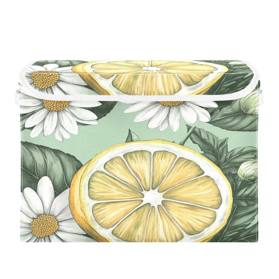 WOBOGO White Daisies with Lemons Pattern Large Collapsible Storage Box Flip Lid Fabric Decorative Organizer Container Basket with Handles 16.5×12.6×11.8in