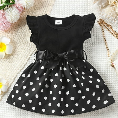 

YWDJ Flower Girl Dress for Weddings Childrens Infant Summer Sleeveless Dress Polka Dots Printed Fly Sleeve Dress Bow Belt Poms Pom Dress 3 Months-2 Years Old Black 12 Months