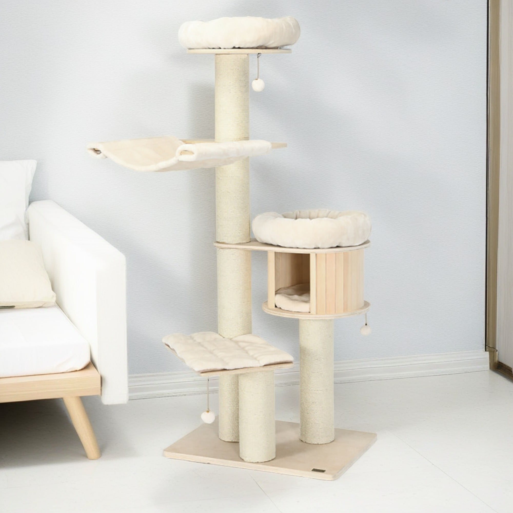 Kadyn 68" Wood Cat Tree Tower for Indoor Cats, Multi-Level Cat Condo with Scratching Posts, Perch, Washable Removable Cushions, Cat Furniture, Beige