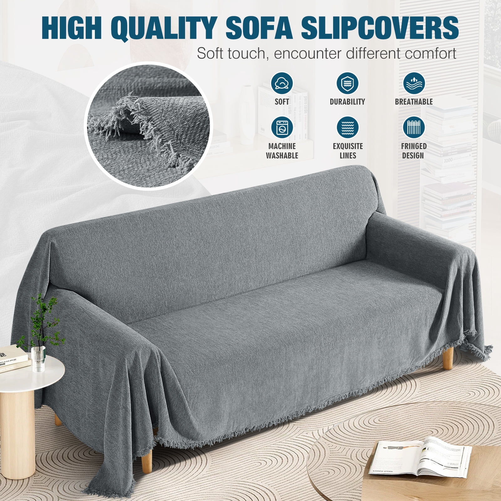 Timeles Couch Covers Washable Oversized Sofa Slipcovers with Tassels Sectional Couch Cover Soft Sofa Blanket Durable Furniture Protector for Kids Pets (71" x 150", Grey)