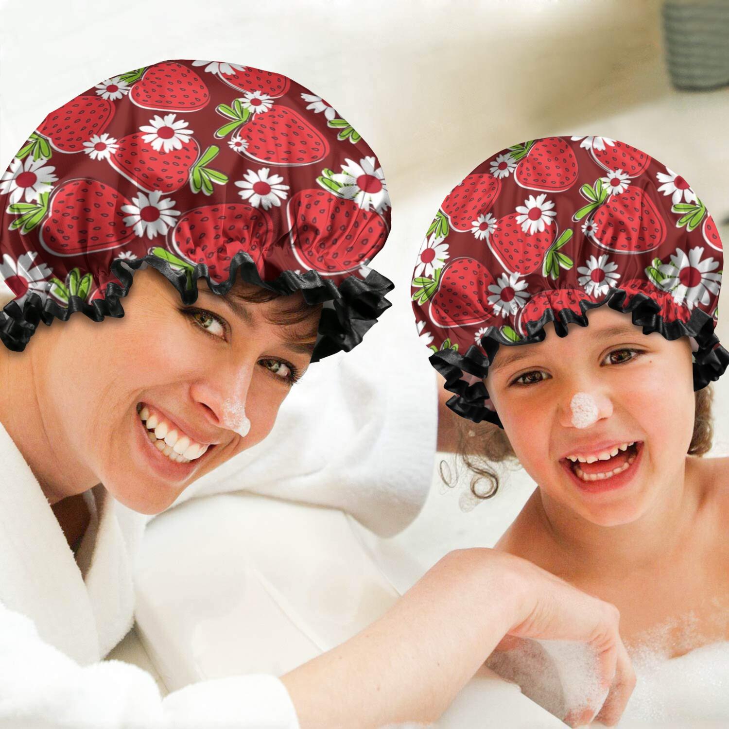 Shower Caps,Red Strawberry Plants Fruit Flower Waterproof Shower Cap for Women 4 Pieces,Double Reusable Hair Cover for Shower PEVA Elastic Stretch Hem