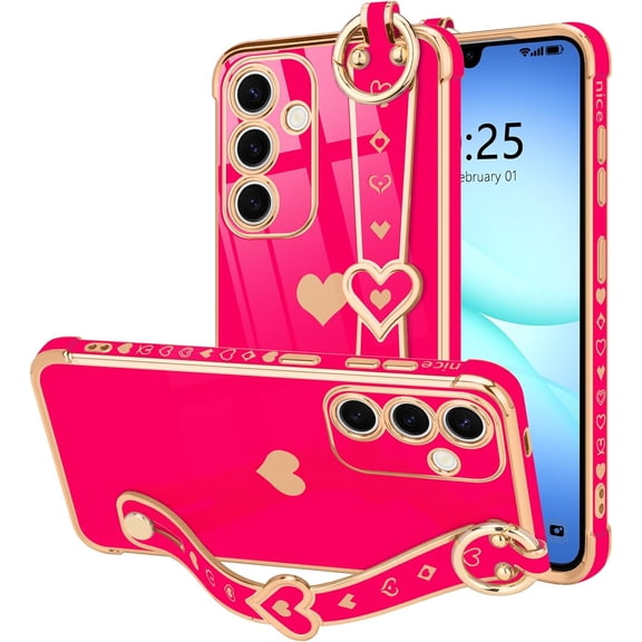 REQO for Samsung Galaxy A17 5G Case Cute Love-Heart Plating Strap Phone Cover for Women Girls Bling Silicone Camera Protection Bumper Shockproof Phone Case for Galaxy A17 5G (6.7")
