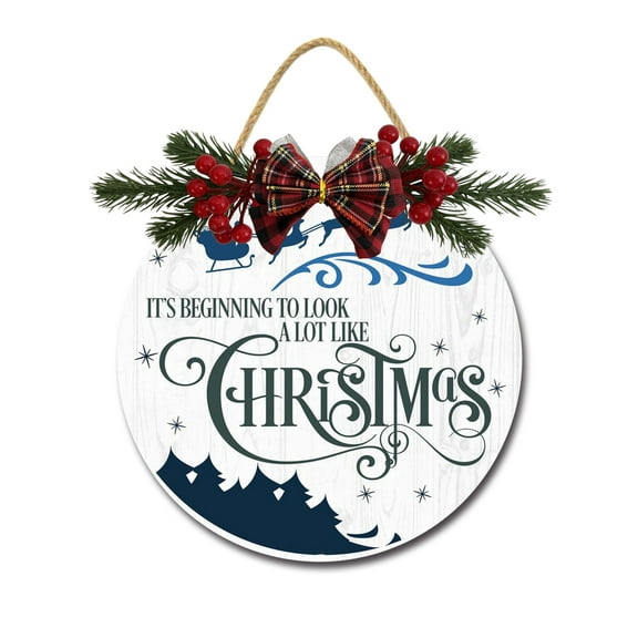 Its Beginning To Look A Lot Like Christmas Sign Front for Door Decoration, 11" Round Wood Wreaths Wall Hanging Outdoor, Farmhouse, Porch, for Spring Summer Fall All Seasons Holiday Christmas