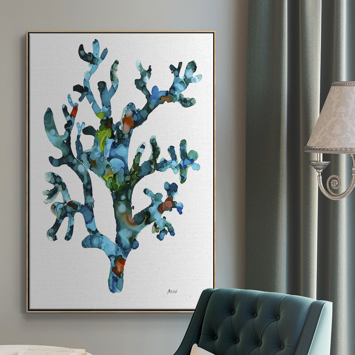 Sea Coral I Framed Premium Gallery Wrapped Canvas - Ready to Hang - 27 x 41 - Natural Wood Floating Frame